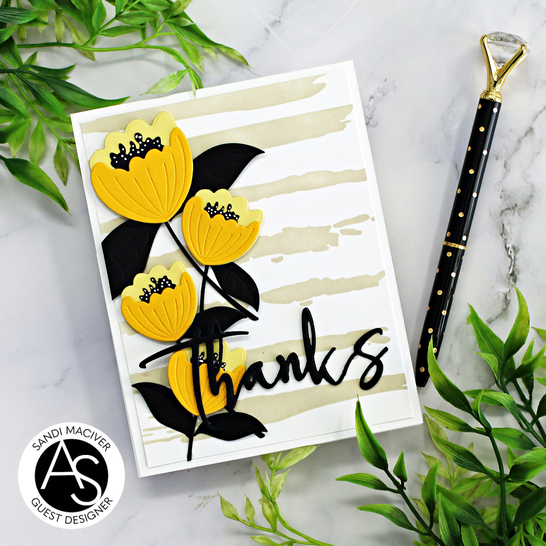handmade card with yellow flowers and black leaves created with new card making supplies from Alex Syberia Designs