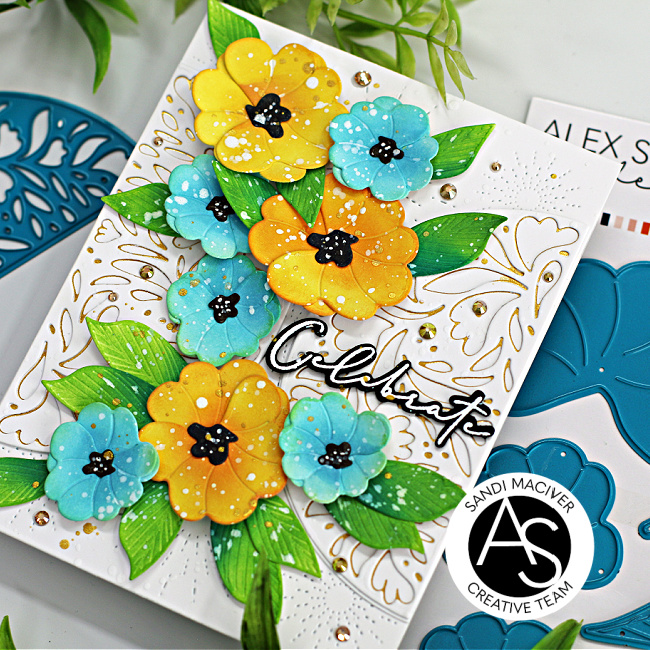 hand made birthday card with die cut yellow and blue flowers created with new card making products from Alex Syberia Designs