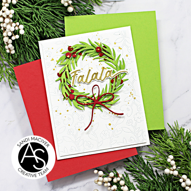 hand made holiday card with a die cut wreath created with card making products from Alex Syberia Designs